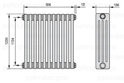 Схема (чертеж) Радиатор Zehnder Charleston 4120/11 №1270 Белый глянцевый RAL 9016